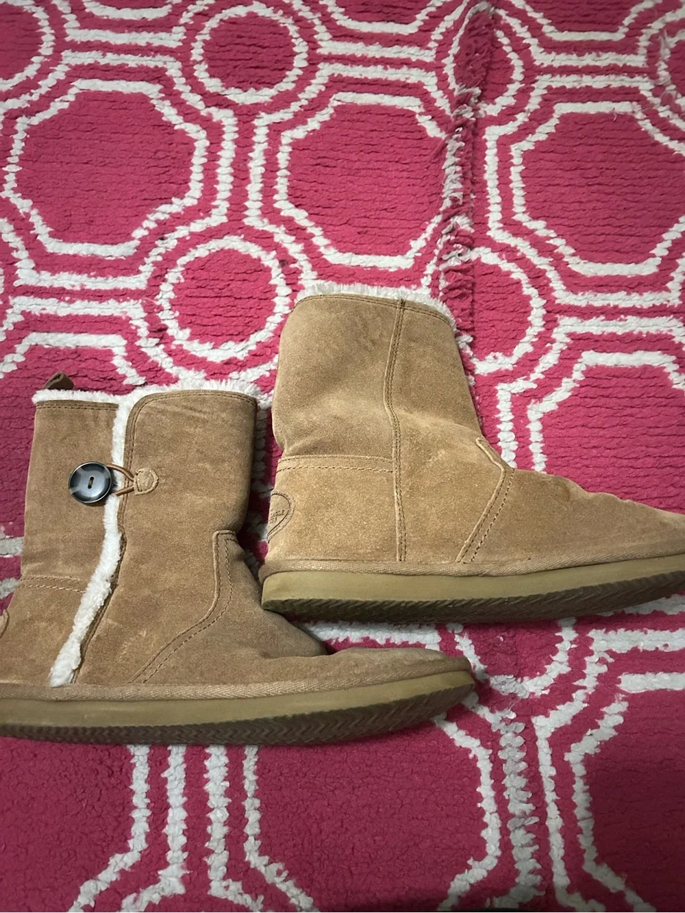Women Tan Suede Button Boot with Faux Fur Lining